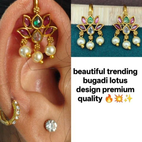 "Gold plated lotus bugadi earrings for bridal and festive wear"