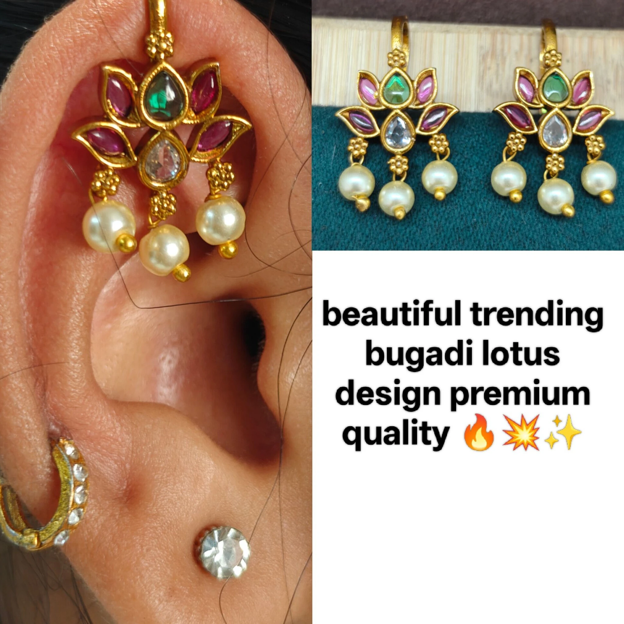 "Gold plated lotus bugadi earrings for bridal and festive wear"