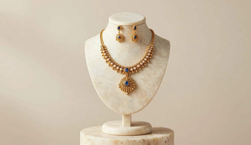 Premium antique temple jewellery necklace with matching earrings displayed on an elegant ivory marble stand.